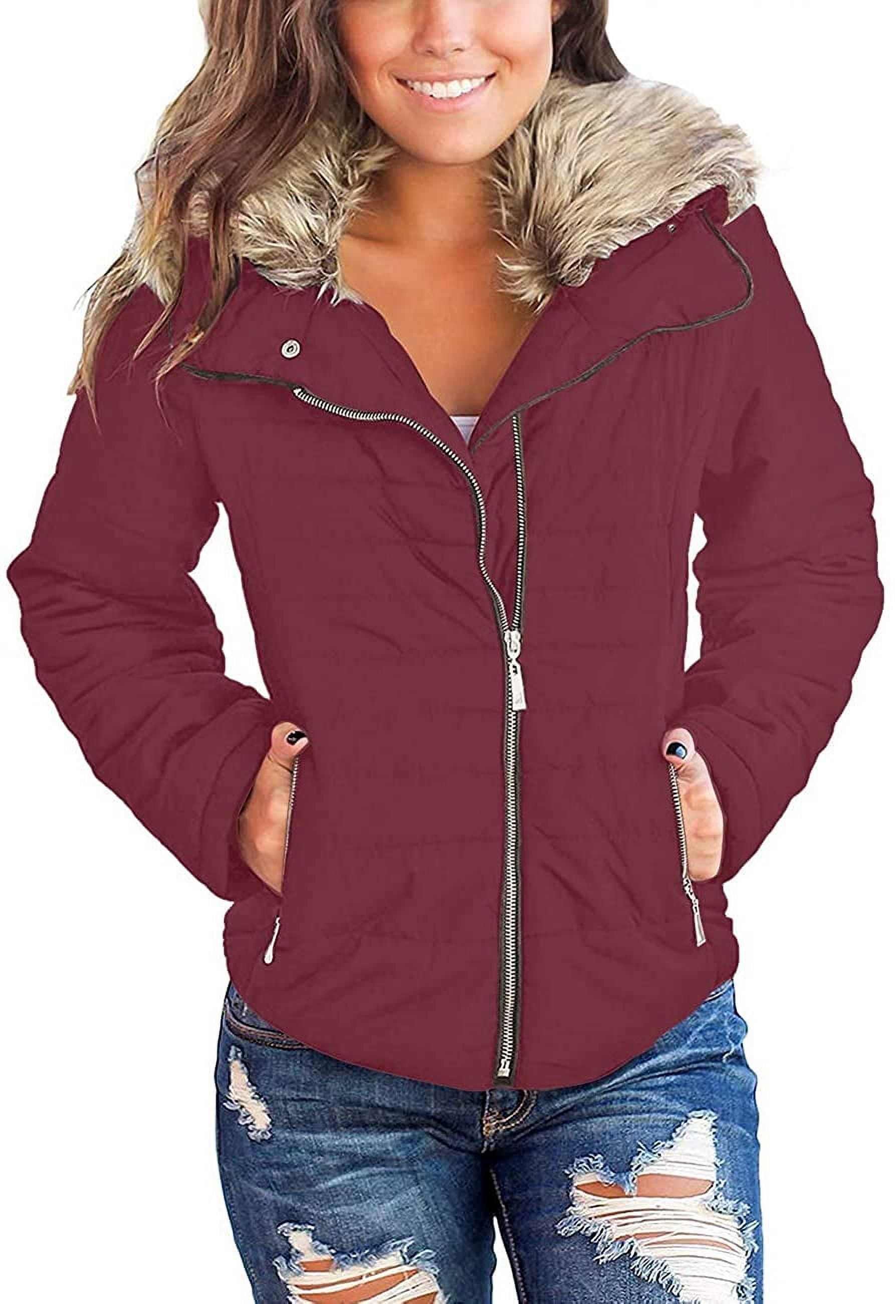 Women Parka Coat Pockets Quilted Puffer Jacket with Faux Fur Lapel, Size S-2XL