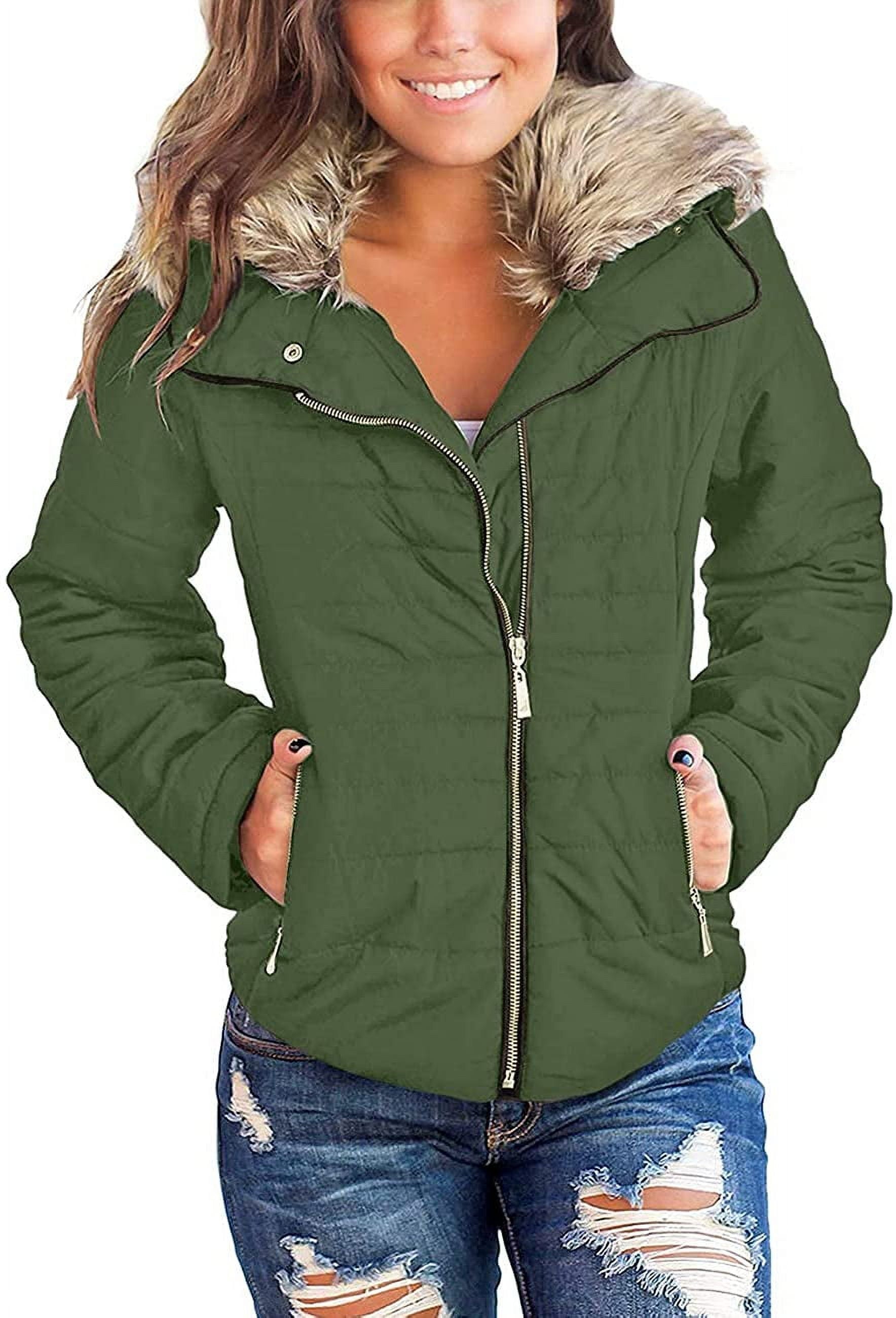 Women Parka Coat Pockets Quilted Puffer Jacket with Faux Fur Lapel, Size S-2XL