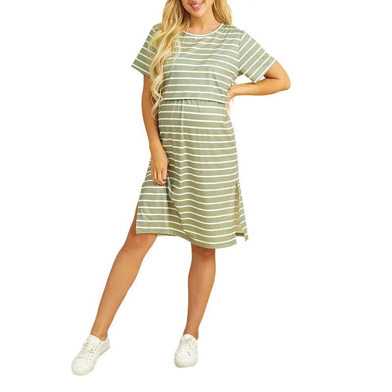 Maternity Nursing Short Sleeve Striped Summer Dress