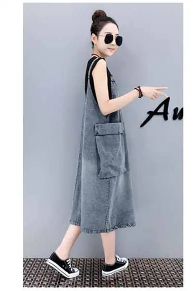 Plus Size Artistic Loose Denim Jumpsuit Dress for Spring