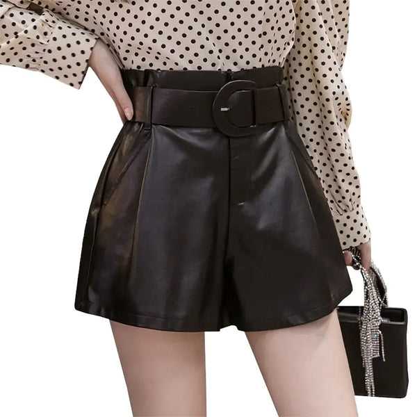High Waist Wide Leg Leather Shorts for Women