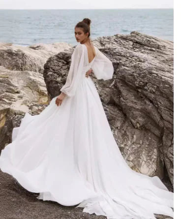 Boho Beach Wedding Dress with Puff Sleeves V Neck