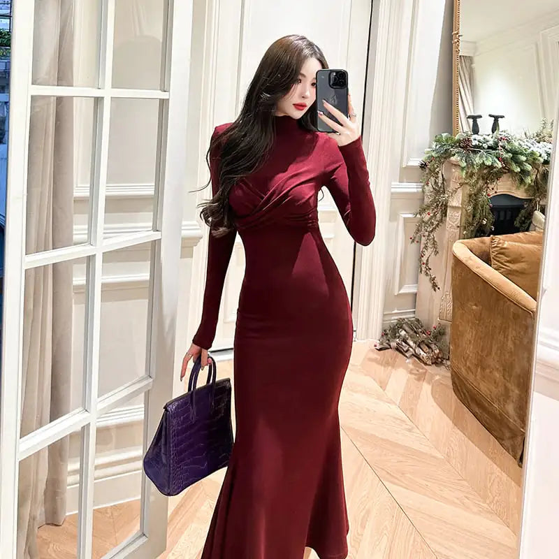 Retro Long Sleeve Slimming Fishtail Dress