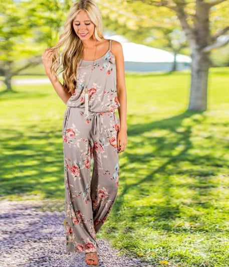 Floral Jumpsuit, Loose Fit Long Pants, Strap Jumpsuit