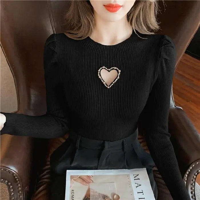 Hollow Heart Beaded Knitted Top for Women