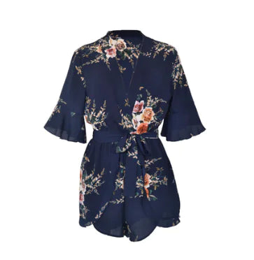 Bohemian V-Neck Ruffled Sleeve Print Jumpsuit Dress