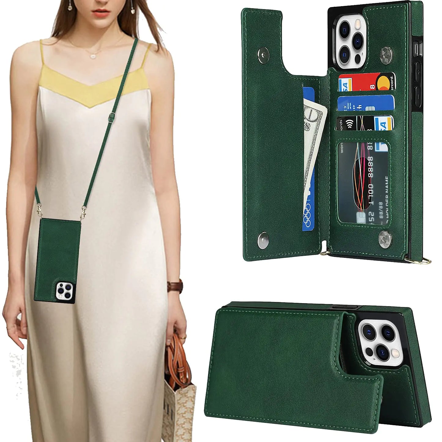 CCSmall Removable Crossbody Women Wallet Case for Apple iPhone 13 Pro with Card Holder Shockproof Purse Cover with Removable Cross Body Strap for Apple iPhone 13 Pro XKSK Green