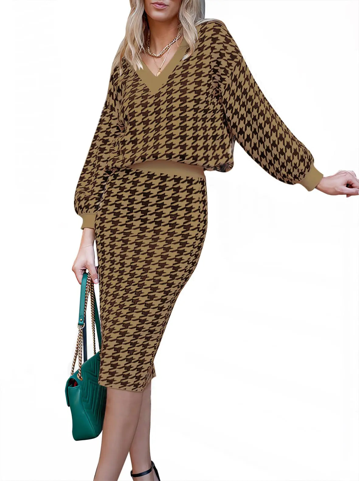 HUUSA Women 2 Piece Sweater Midi Pencil Skirt Set Fall Winter Split Dress Batwing Long Sleeve Oversized Top Work Outfit Houndstooth Brown M