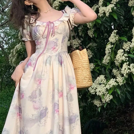 French Retro Printed Dress for Women