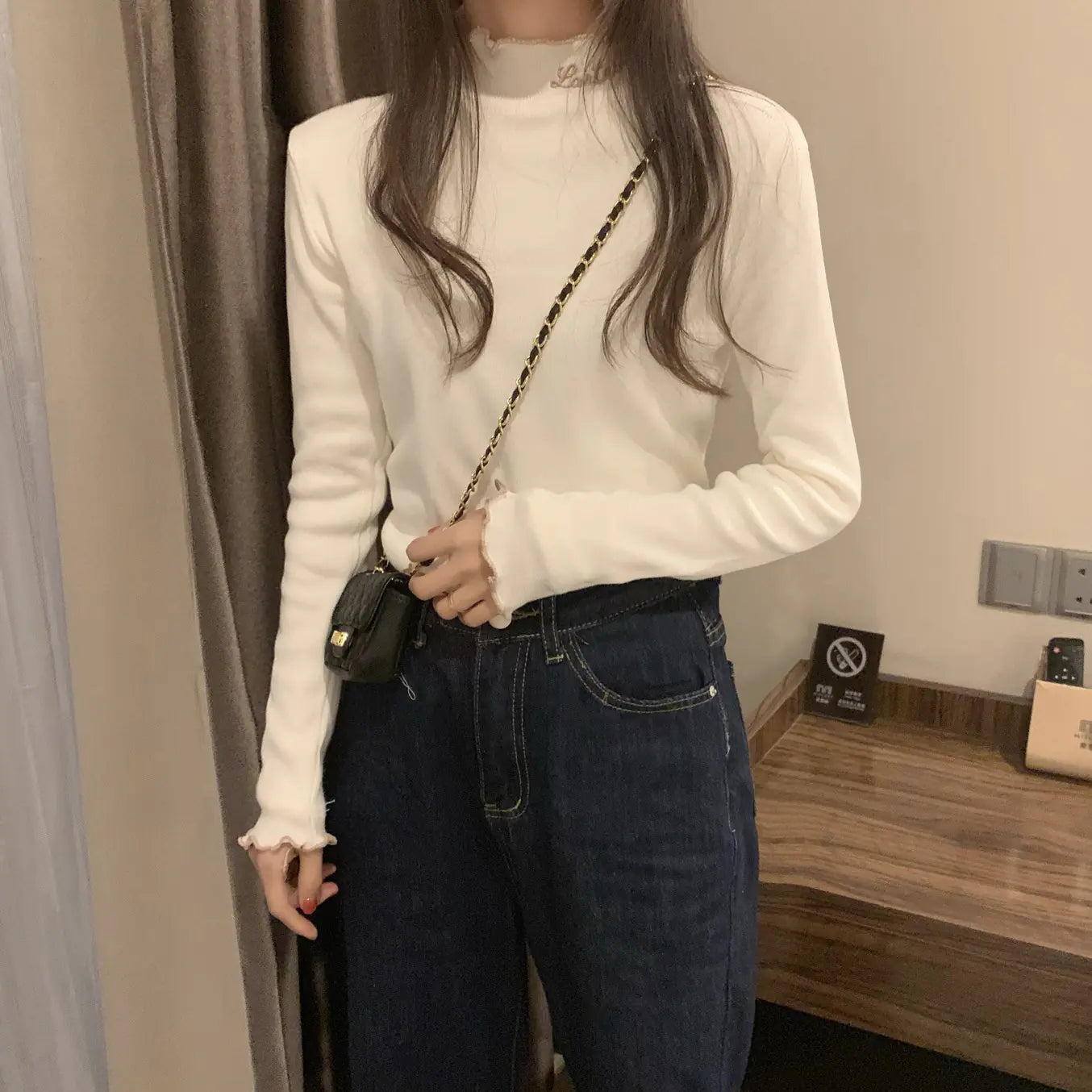 Korean Style Thick High Neck Embroidered Knit Top