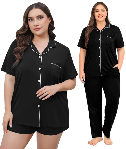 SWOMOG 3PC Plus Size Pajama Set for Women Modal Pajamas Short Sleeve Shirt & Shorts & Pants Set Soft Loungewear
