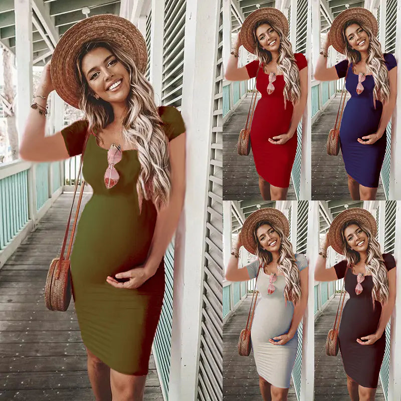 Solid Color Short Sleeve Maternity Dress