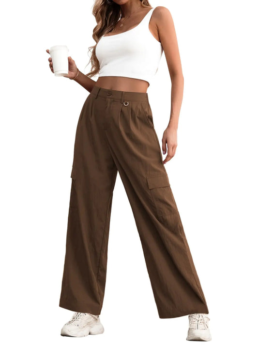 Feiersi Women Wide Leg Cargo Pants High Waisted Casual Baggy Streetwear Women Cargo Pants Trousers(CoffeeSmall)