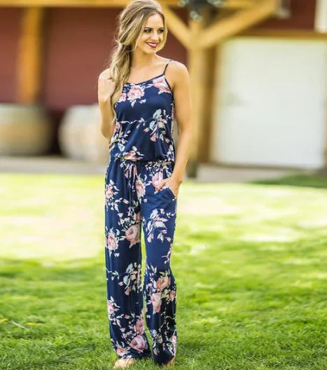 Floral Jumpsuit, Loose Fit Long Pants, Strap Jumpsuit