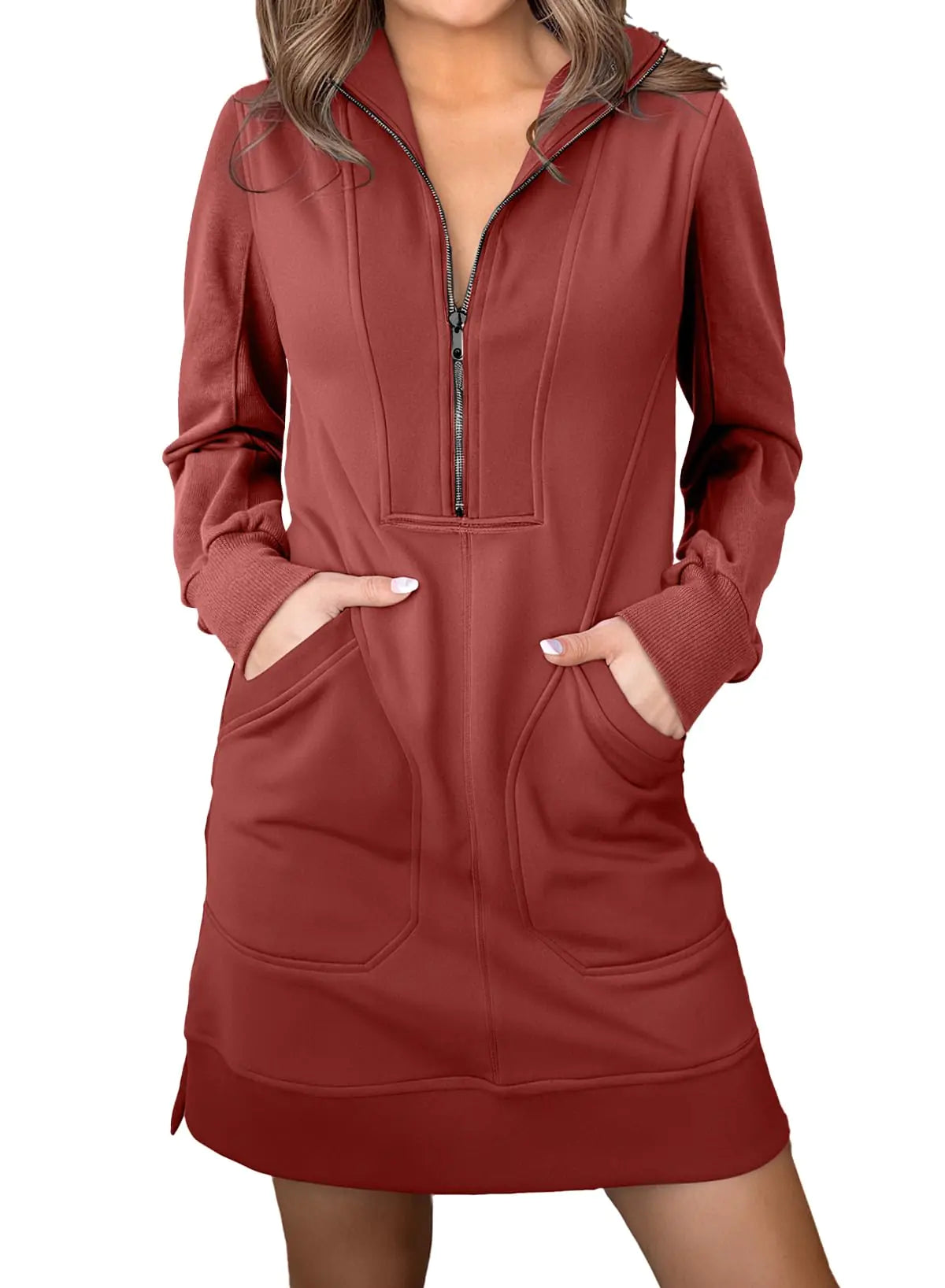 AlvaQ Long Sleeve Dress for Women 2024 Fall Winter Half Zip Cute Sweatshirt Top Casual Mini Dresses Red X-Large