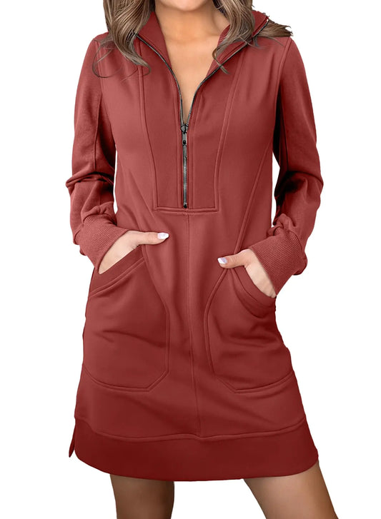 AlvaQ Long Sleeve Dress for Women 2024 Fall Winter Half Zip Cute Sweatshirt Top Casual Mini Dresses Red X-Large