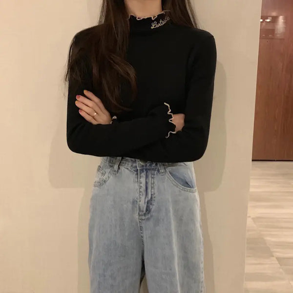 Korean Style Thick High Neck Embroidered Knit Top