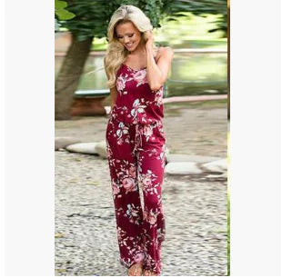 Floral Jumpsuit, Loose Fit Long Pants, Strap Jumpsuit