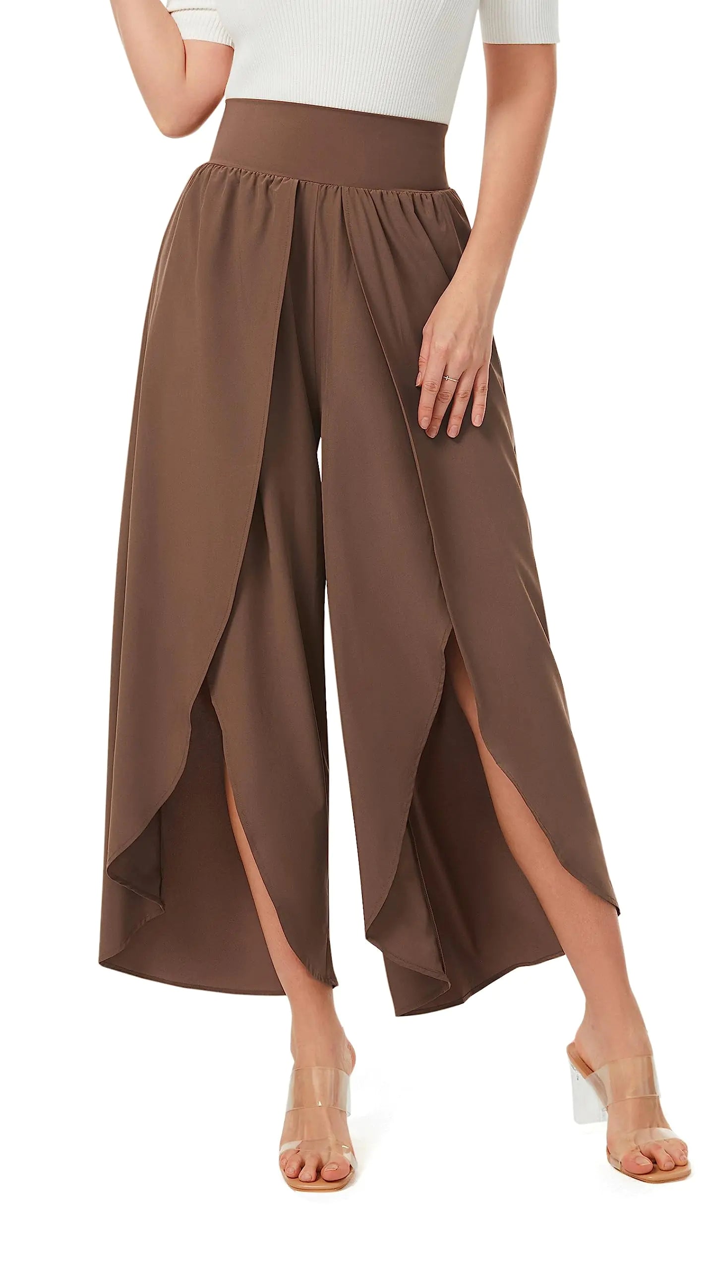 Wide Leg Pants for Women Flowy Palazzo Pants for Women Casual Split High Waisted Summer Pants Beach Pants with Pocket Lightweight Quick Dry Wrap Crop Trousers PecanPie BrownS