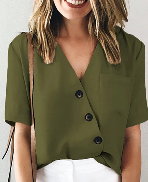 Irregular Pocket V-Neck Button-Up Shirt