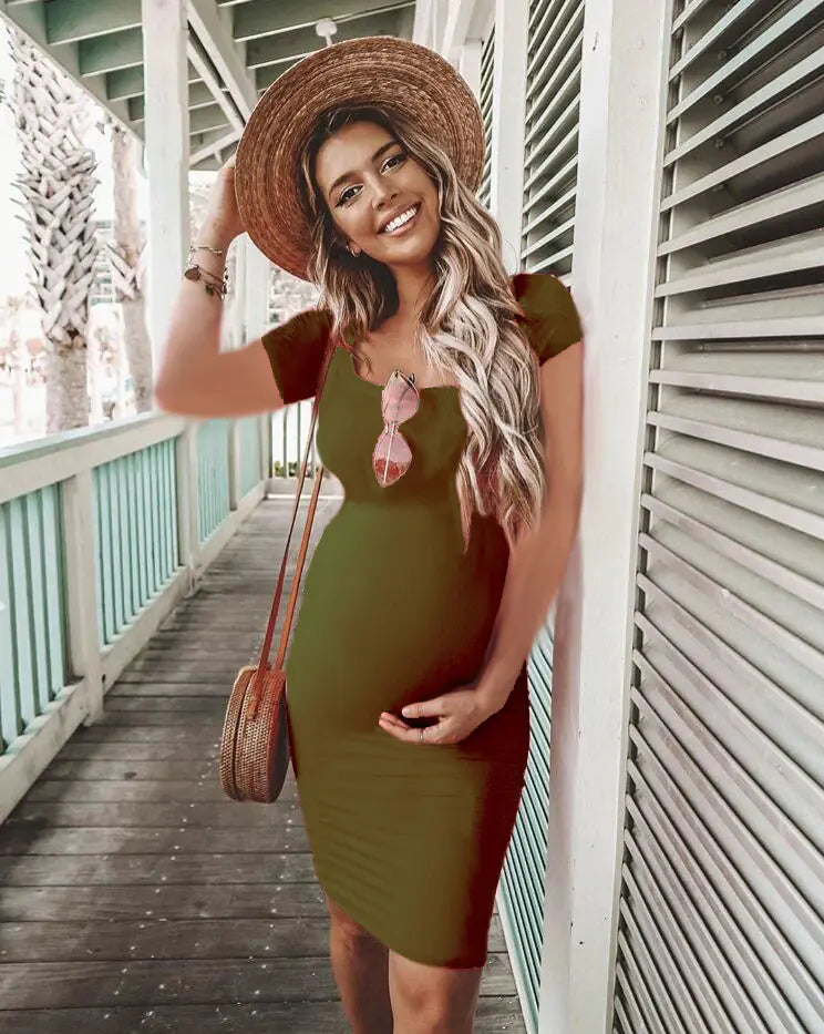 Solid Color Short Sleeve Maternity Dress