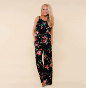 Floral Jumpsuit, Loose Fit Long Pants, Strap Jumpsuit