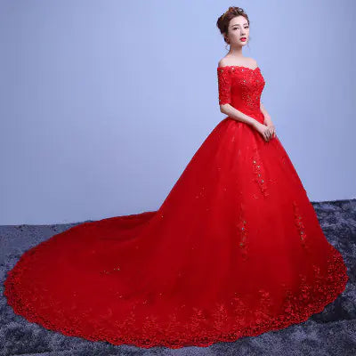 Red Wedding Dress with Shoulder Straps and Train