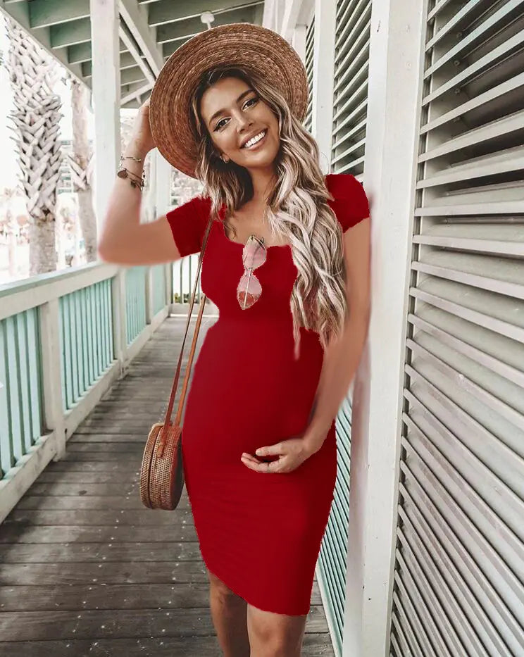 Solid Color Short Sleeve Maternity Dress