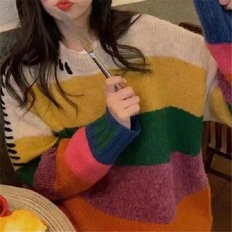 Rainbow Striped Loose Pullover for Women