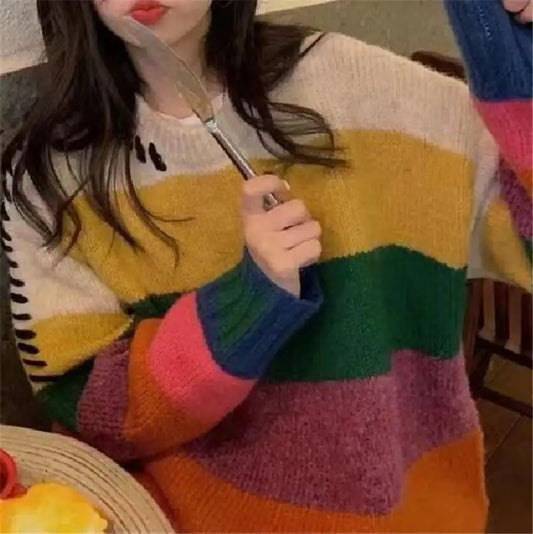 Rainbow Striped Loose Pullover for Women