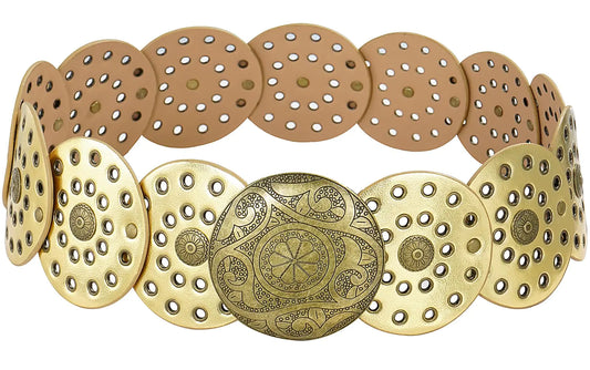 HIQUACC Wide Disc Belt for Women Vintage Leather Hollow Out Round Belt Western Waist Belt (Copper Gold XL)