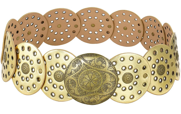 HIQUACC Wide Disc Belt for Women Vintage Leather Hollow Out Round Belt Western Waist Belt (Copper Gold XL)