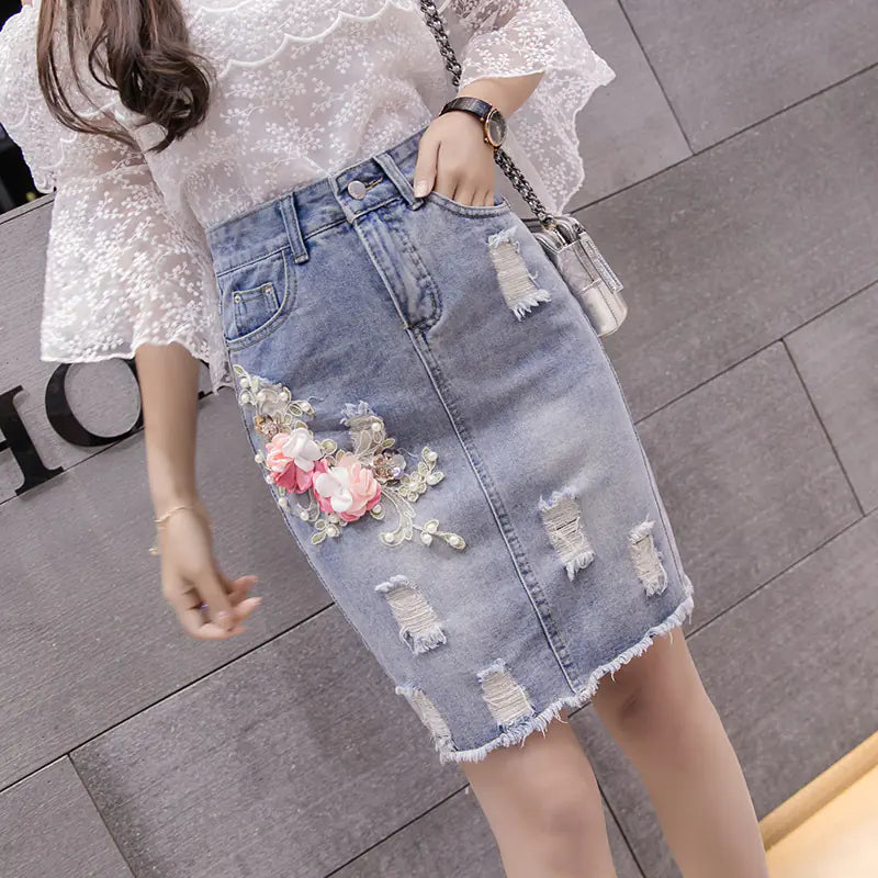 Denim Midi Skirt, Bodycon Skirt, Distressed Skirt