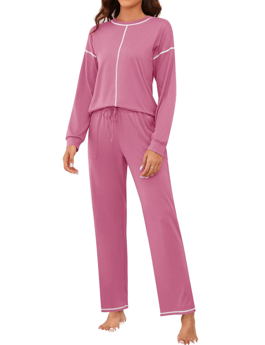LOMON Pajamas for Women 2 Piece Loungewear Set Soft Sleepwear Long Sleeve Top and Pants with Pockets Bean PinkMedium