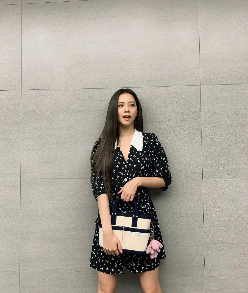 Jisoo-Inspired Black Floral High-Waist Jumpsuit Dress