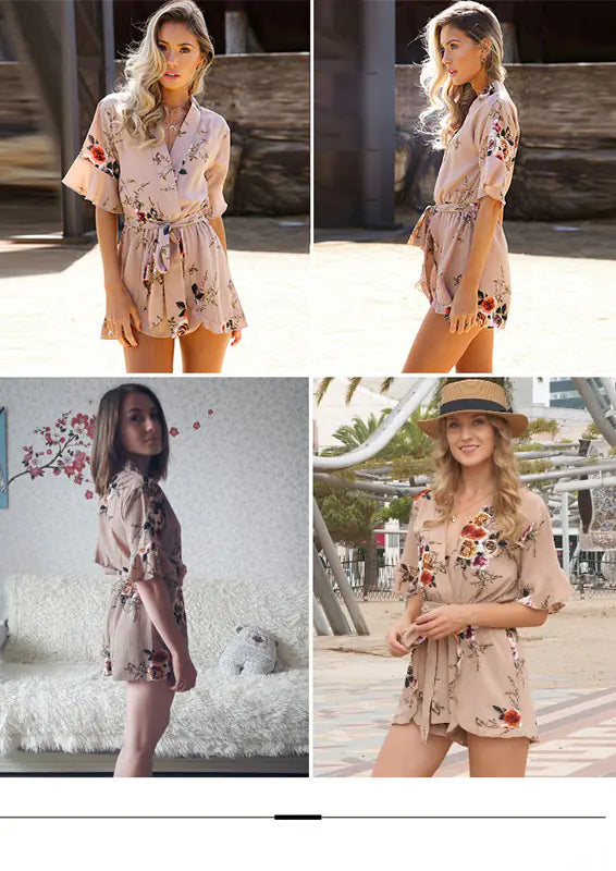 Bohemian V-Neck Ruffled Sleeve Print Jumpsuit Dress