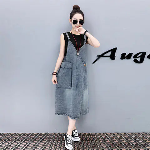 Plus Size Artistic Loose Denim Jumpsuit Dress for Spring
